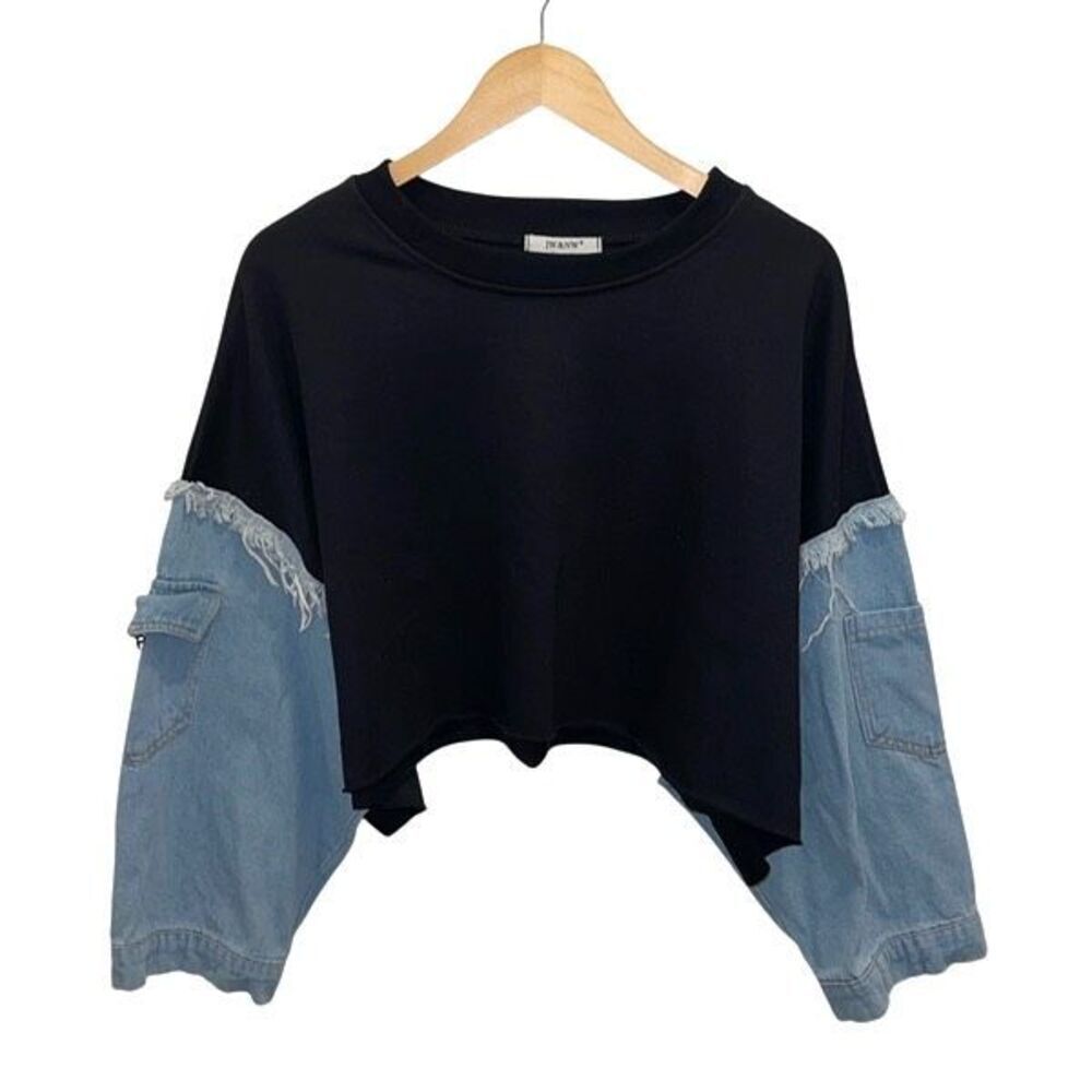 JW &‎ NW Womens Denim Cropped Sweatshirt Black Blue Size OS